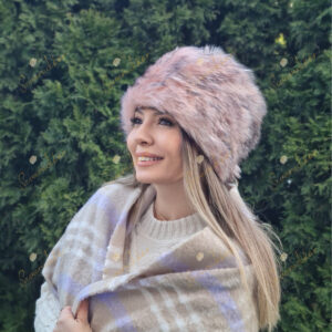 Women's Fur Hat, Kalpak Hat, Faux Plush Pink and Black Speckled Beret