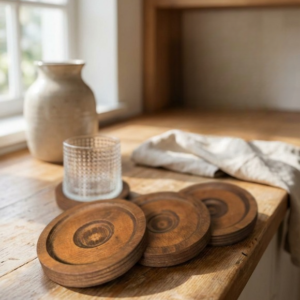 2-Piece Natural Wood Rotating Whiskey Glass Coasters – 10cm