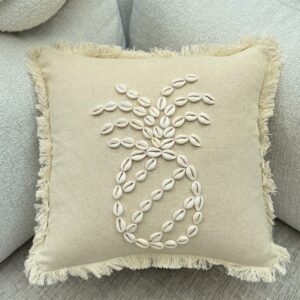 Boho Linen Throw Pillow Cover with Sea Shells (43x43 cm)