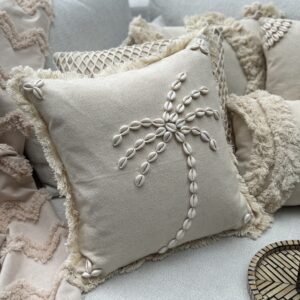 Boho Linen Throw Pillow Cover with Sea Shells (43x43 cm)