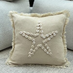 Boho Linen Throw Pillow Cover with Sea Shells(43x43 cm)